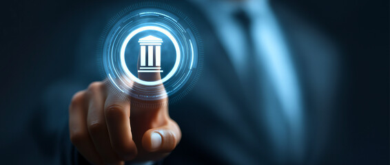 Businessman Touching Digital Law Pillar Icon