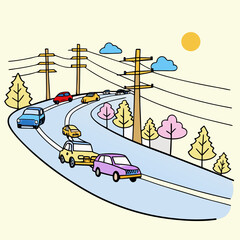 Cars on a blue road with trees and a sun Keywords: car, road, driving, transportation, traffic