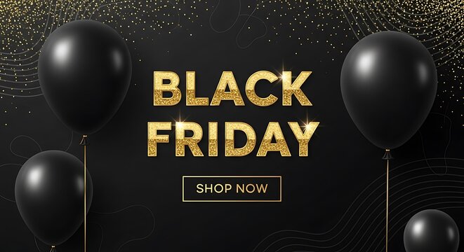 Photo of black friday sale event with golden glitter text and black balloons on a dark textured background, shop now button