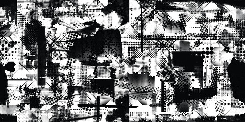 Naklejka na ściany i meble Glitch distorted grungy abstract forms . Halftone dots seamless pattern texture. Grange shapes .Grunge textured . Vector shapes with half tone dots .Screen print endless pattern texture Naklejka na ściany i meble Glitch distorted grungy abstract forms . Halftone dots seamless pattern texture. Grange shapes .Grunge textured . Vector shapes with half tone dots .Screen print endless pattern texture