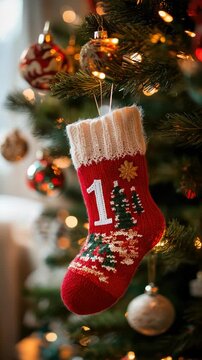Cheery red knit stocking marked 1 hanging on a fir branch as an advent calendar ornament, cozy holiday decoration marking the start of the December countdown to Christmas