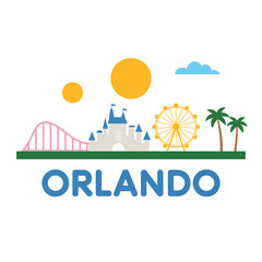 Orlando Florida Cityscape with Castle Ferris Wheel and Roller Coaster Vacation Destination Travel Graphic Design Illustration