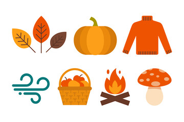 Autumn Elements Vector Illustration with Leaves Pumpkin Sweater Bonfire and Basket of Apples for Seasonal Designs