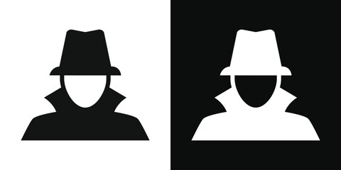 Silhouette of a mysterious figure in a fedora hat and trench coat depicted in contrasting black and white