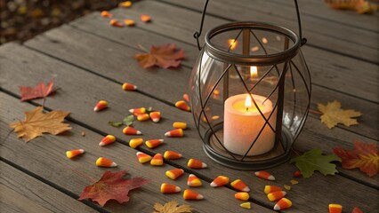 lantern with autumn leaves