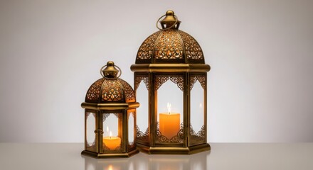 Two golden ramadan lanterns with lit candles