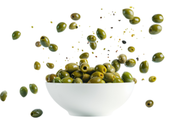 Olives in mid-air above a white bowl creating a dynamic culinary moment of freshness and flavor