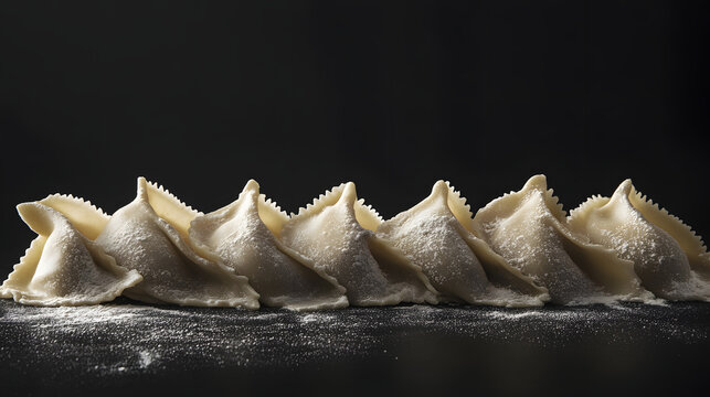 Ravioli displayed in a neatly spaced row, their edges crisp and their flour-covered dough glowing under soft lighting on a black background.