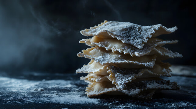 Ravioli in a symmetrical stack, each piece dusted with flour, crimped edges clearly defined, on a dark and matte surface.