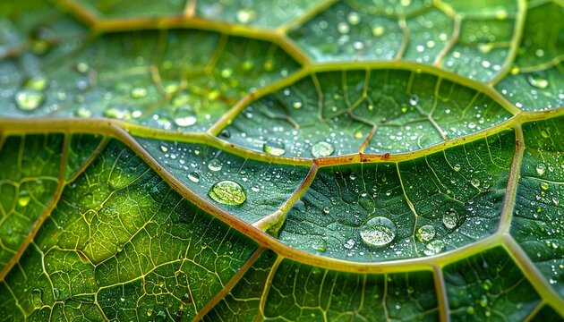 A close-up captures a vibrant green leaf, its intricate veins forming a network. Tiny water droplets glisten, adding freshness - Powered by Adobe