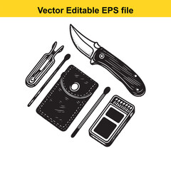 Vector art of collection of camping and survival gear including a knife, matches, lighter, and tweezers