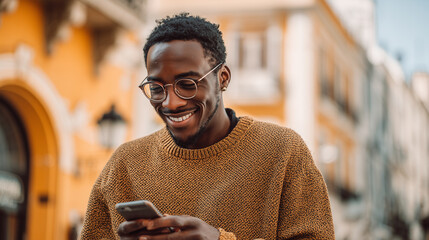 young black man wearing a sweater and glasses,smiling, looking at his phone on the street. Afro american man browsing the internet on smartphone, cellphone, internet connection, using modern technolog