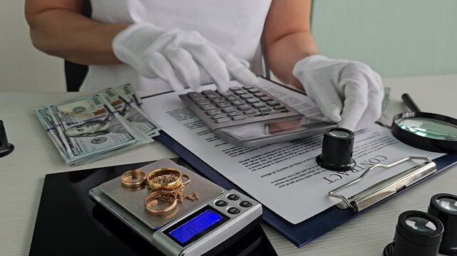 Evaluating gold and silver at a precious metals appraisal in a professional setting
