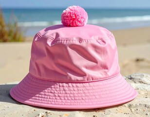 A close-up captures a vibrant pink bucket hat adorned with a fluffy pom-pom, resting on a stone surface against a beach and ocean backdrop