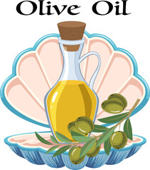 Banner with presentation of olive oil.Color vector illustration of olive oil and olives in a large open shell.