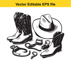 Vector art of a collection of cowboy boots, a cowboy hat, and western accessories like a lasso and spurs