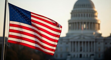 The flag of the United States of America waving in the wind with the U.S. Capitol Building blurred in the background during a golden sunset, symbolizing American government and patriotism.