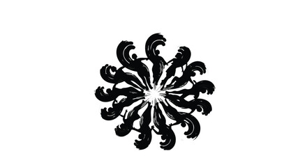 Abstract black ink swirl forming a circular floral pattern on white background
