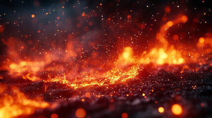 Hot fire sparks flying upward amidst smoke and haze, with glowing embers and ashes in a red blazing sky, perfect for bonfire, fire background, and dramatic visuals.
