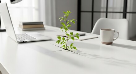 Growing Plant Sprouting from Office Desk Symbolizing Business Growth and Sustainability