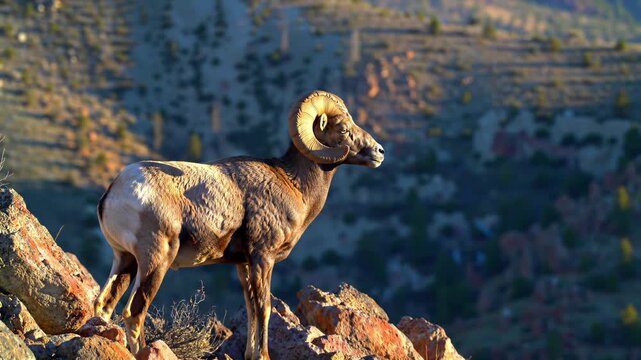 Majestic big horn ram standing alert on rocky mountain peak landscape, wildlife.