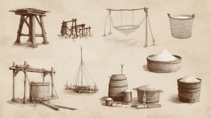 Detailed Illustration of Traditional Tools and Equipment for Salt Harvesting in Natural Setting