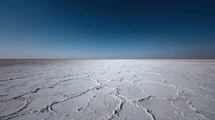 Expansive Salt Flat Under Clear Blue Sky with Cracked Surface Creating a Stark, Minimalist Landscape Ideal for Nature and Travel Themes