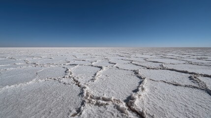 Expansive Salt Flat Under Clear Blue Sky with Dry Cracked Surface Texture in Unique Geometric Patterns Across the Horizon