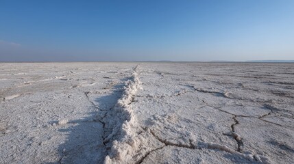 Expansive Salt Flat Under Clear Blue Sky with Cracked Surface and Horizon in Distance