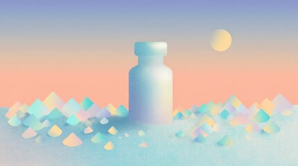 Abstract representation of a bottle amid a colorful landscape, showcasing geometric shapes and a serene pastel background with a sun above.