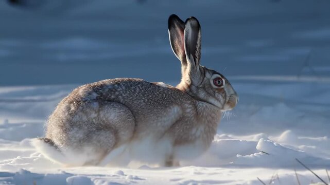 One hare in winter snow, a close-up of an animal hiding from the cold in the winter landscape during the daytime.