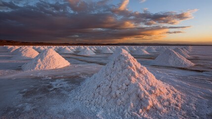 Serene Landscape of Salt Pyramids at Sunset over a Tranquil Salt Flat with Dramatic Sky and Glowing Clouds Reflecting on the Ground