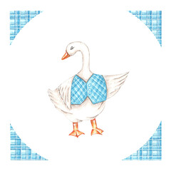 Goose in a vest watercolor illustration. Cute goose. Children's illustration. Blue, gray. Baby shower, Nesting party, Birthday. Picture in a frame. For printing on cards, textiles, clothing, stickers.