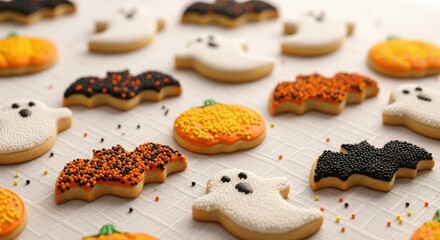 Assortment of halloweenthemed sugar cookies on a white surface