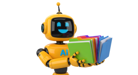 Yellow AI Robot Holding Colorful Folders artificial intelligence
