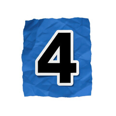 Obraz premium A large bold “” with black fill and white outline, placed on a crumpled blue paper cutout, realistic sticker aesthetic, subtle paper shadow, isolated on plain background