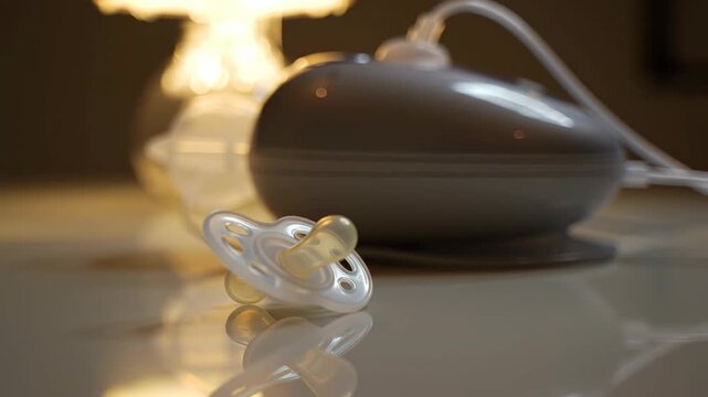 Baby pacifier and breast pump on table with warm lighting, infant newborn care lifestyle