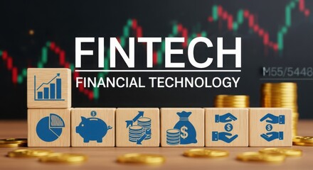 Fintech financial technology concept with wooden blocks