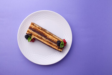 Chocolate cake with berries - top view on purple, luxury in every layer