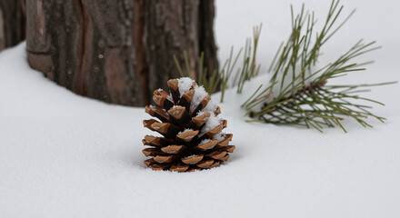 Pine cone on snow-covered ground beside tree in winter setting  