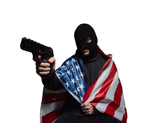 Masked robber with a gun wrapped in the US flag on a transparent background PNG