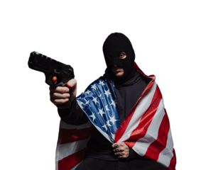 Masked robber with a gun wrapped in the US flag on a transparent background PNG