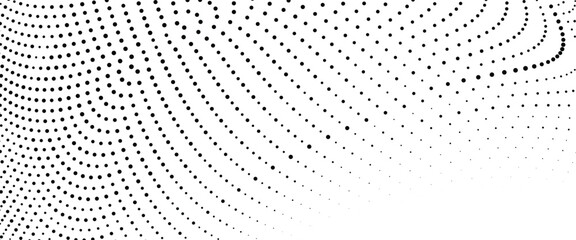 Naklejka premium Black curved halftone wave pattern creating elegant dotted gradient flow modern abstract background digital art composition ideal for poster layout and minimal technology inspired visuals