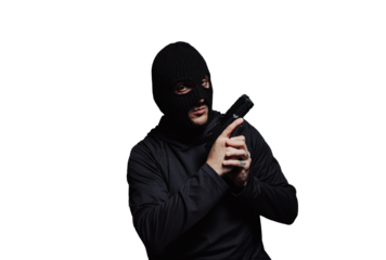 Masked robber with a gun on transparent background PNG