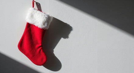Red Christmas stocking hanging on wall with soft shadows  