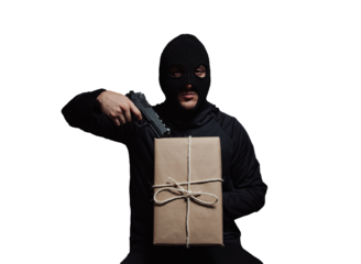Masked robber with a gun on transparent background PNG