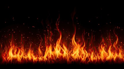 Vivid Orange Fire Flames with Sparks on Black Background for Dramatic and Intense Visual Effects