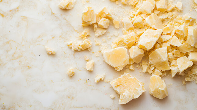 Scattered asafoetida chunks in pale yellow tones on a seamless white backdrop, their granular structure emphasized.