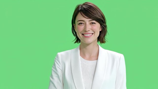 Smiling Woman in White Suit Presenting on a Bright Green Background