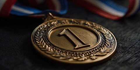 Gold Medal Award with Number One Icon and Ribbon on Dark Fabric Background